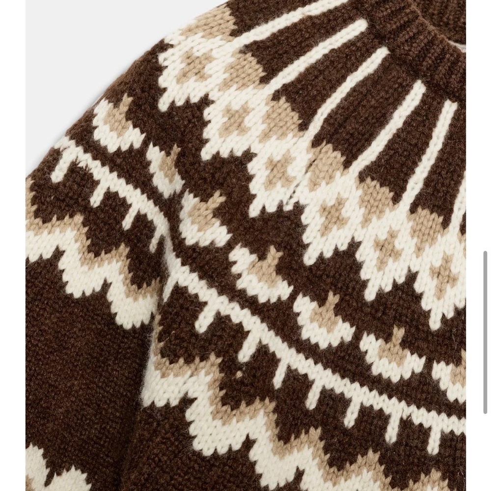 Zara Chocolate and Cream SHORT SLEEVE JACQUARD KNIT SWEATER fair isle sz small - Picture 5 of 8